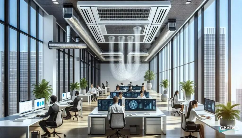 Sistema de renovação do ar no ambiente de trabalho, utilizado para controlar a concentração de poluentes e garantir a qualidade do ar respirado pelos trabalhadores.